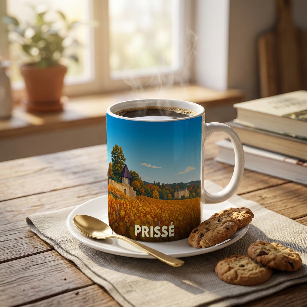 Mug souvenir de la ville de Prissé orné d'une illustration stylisée de ses vignobles en automne.