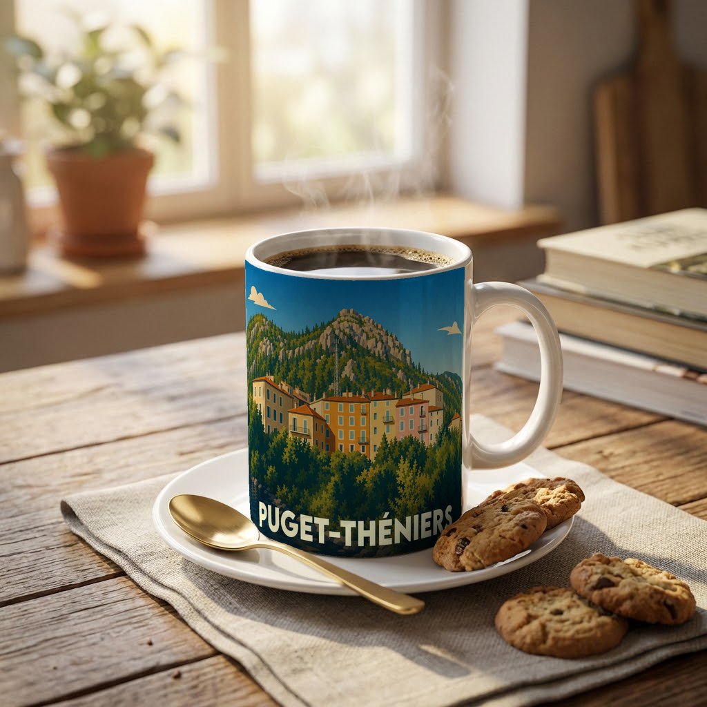 Mug souvenir de la ville de Puget-Théniers orné d'une illustration stylisée de son paysage provençal.