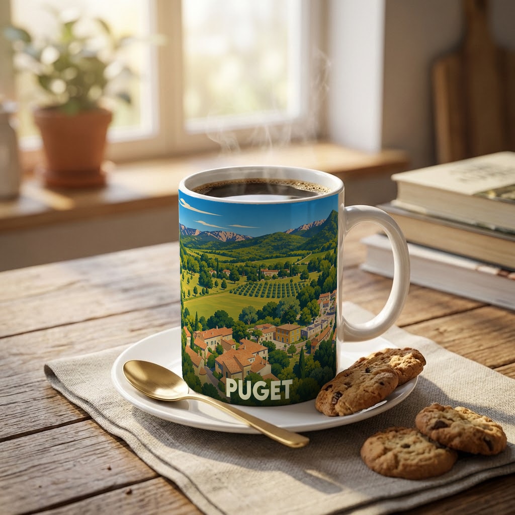 Mug souvenir de la ville de Puget orné d'une illustration paysagère stylisée.