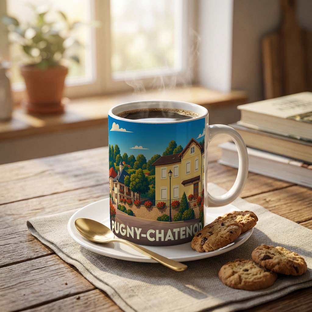 Mug souvenir de la ville de Pugny-Chatenod avec une illustration stylisée d'un paysage urbain fleuri.