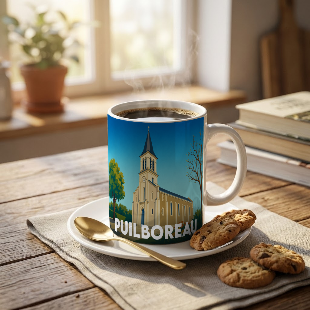 Mug souvenir de la ville de Puilboreau orné d'une illustration stylisée de son église.