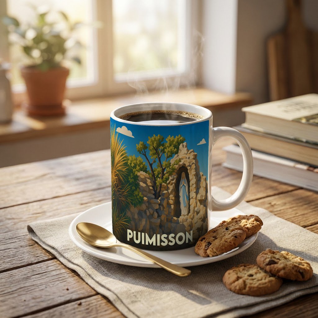 Mug souvenir de la ville de Puimisson orné d'une illustration stylisée représentant une grotte religieuse.