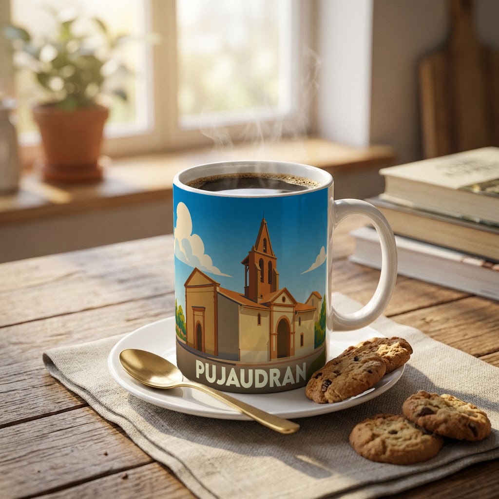 Mug souvenir de la ville de Pujaudran orné d'une illustration stylisée de son église.
