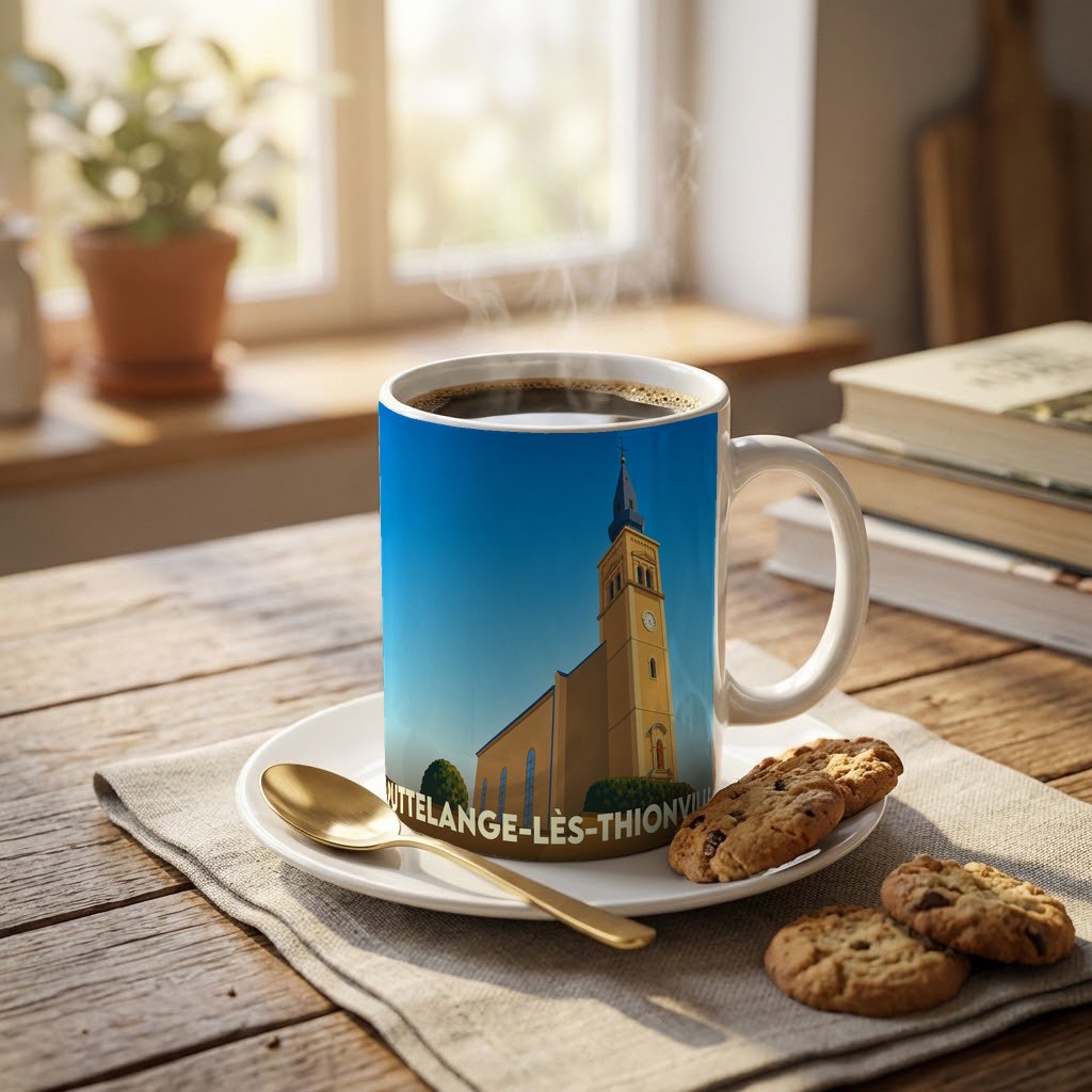 Mug souvenir de la ville de Puttelange-lès-Thionville avec une illustration stylisée de son église.