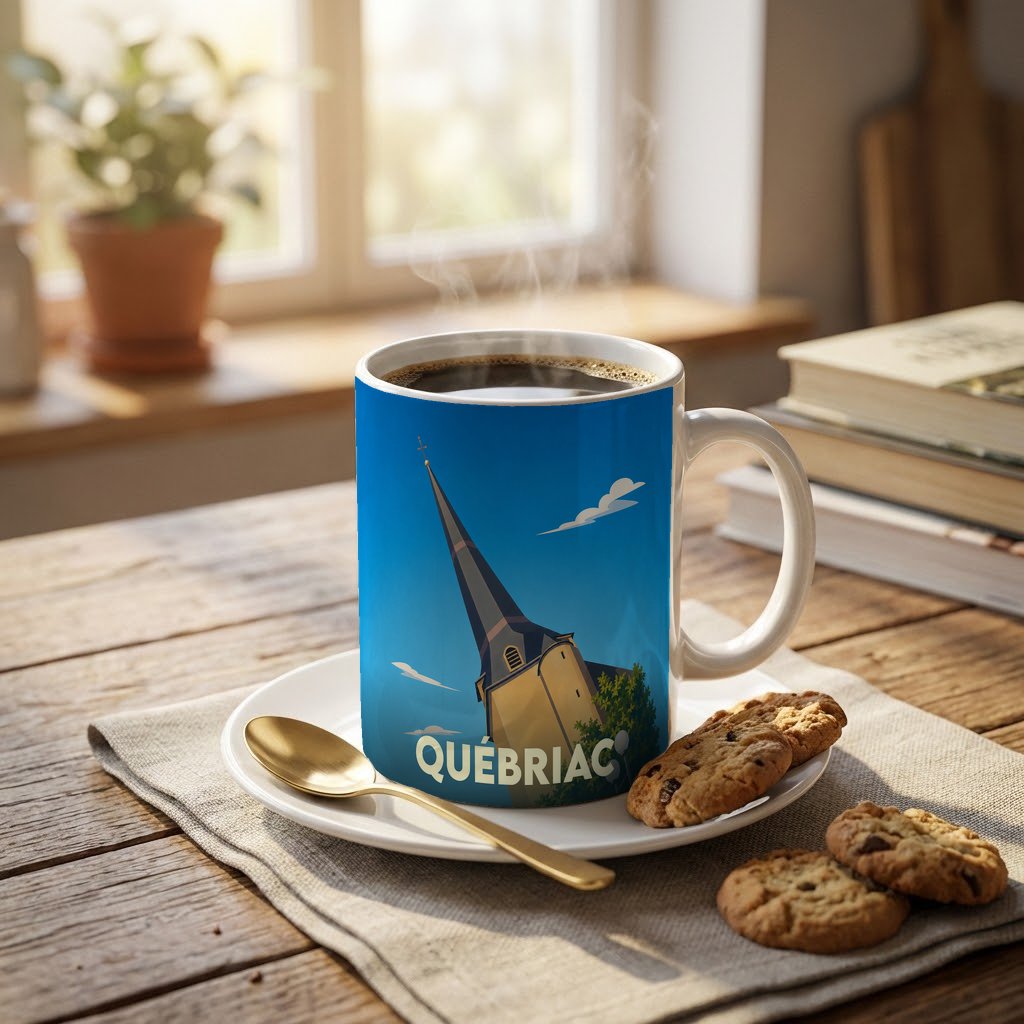 Mug souvenir de la ville de Québriac avec une illustration stylisée de son église sur fond bleu.