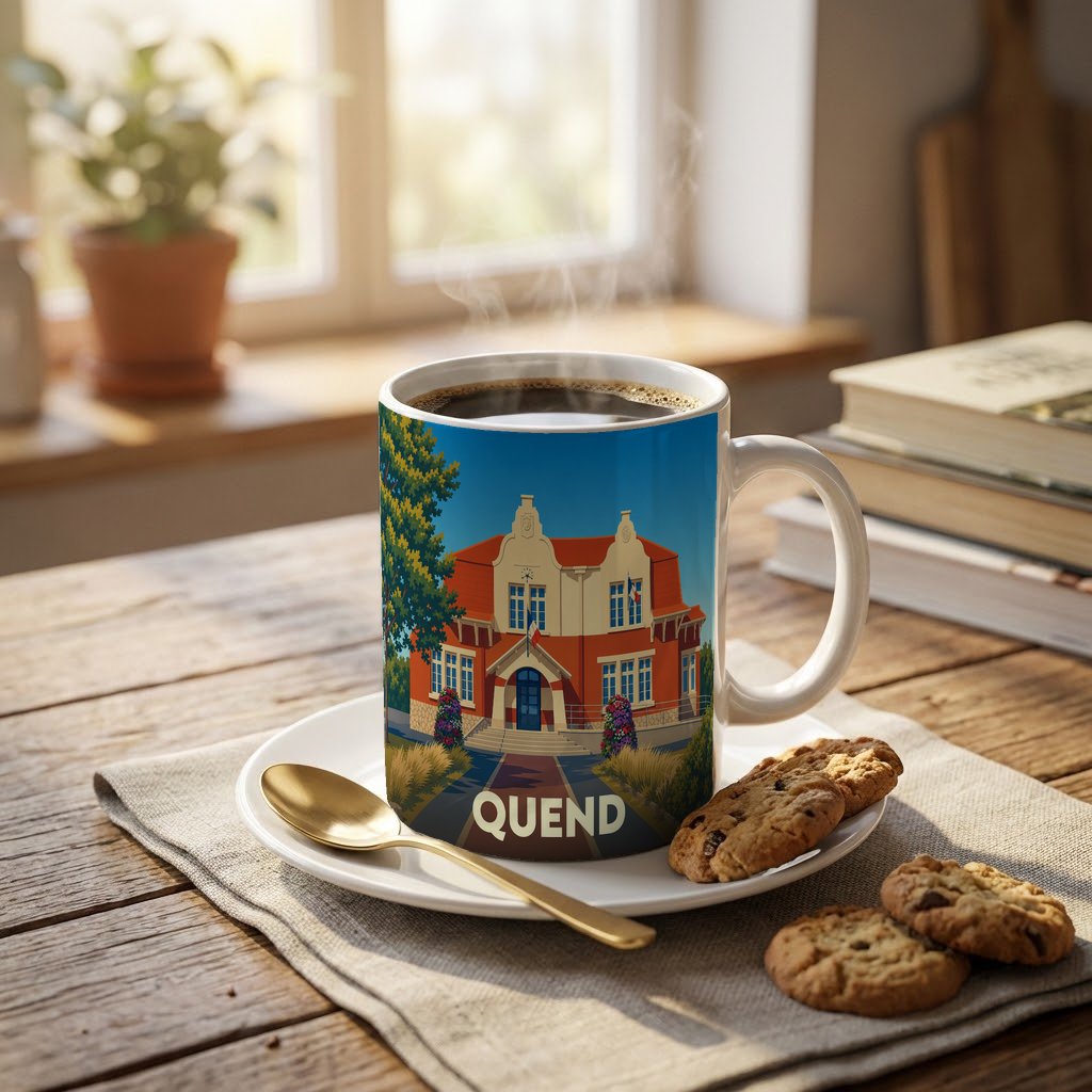 Mug souvenir de la ville de Quend avec une illustration stylisée de son hôtel de ville.