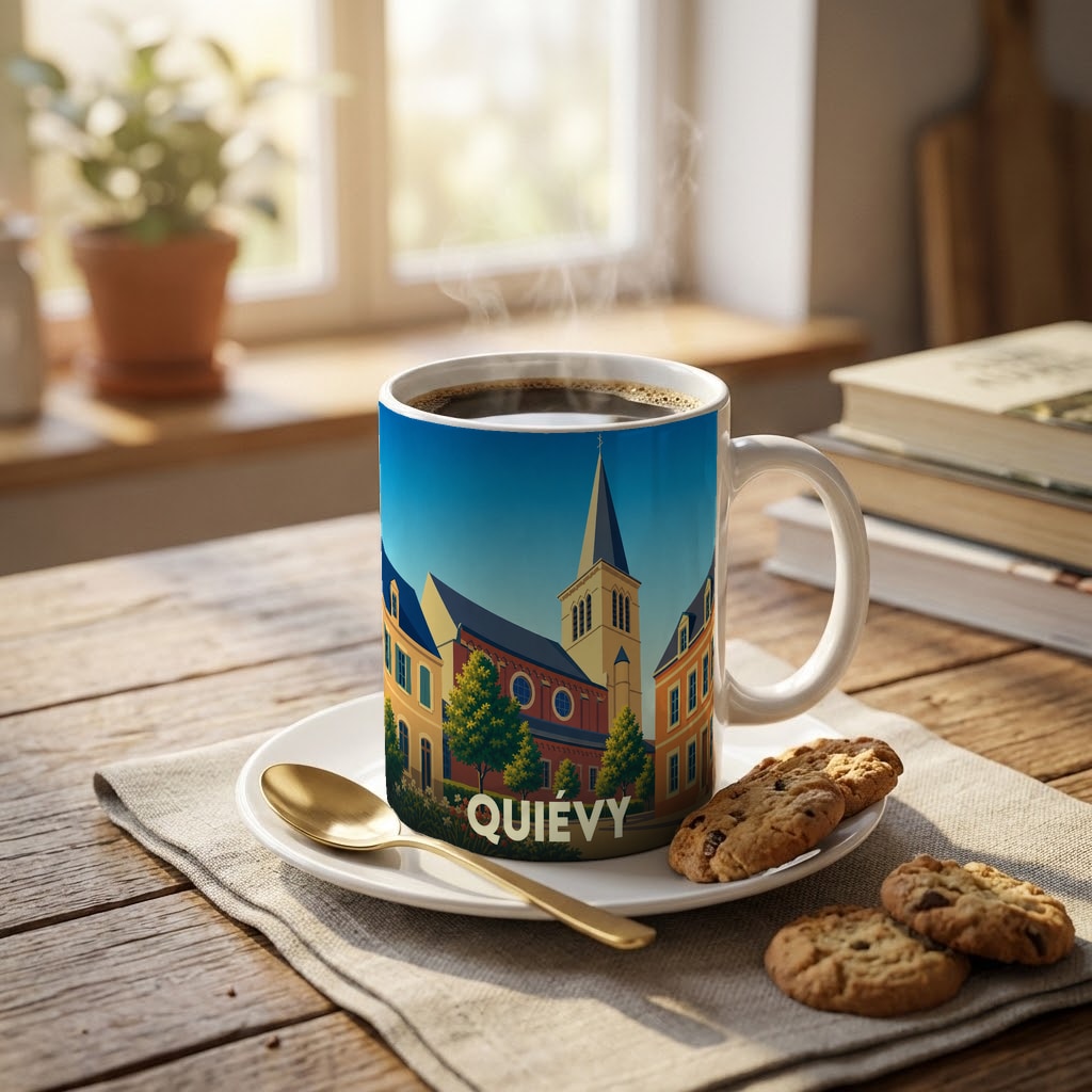Mug souvenir de la ville de Quiévy avec une illustration stylisée d'une église et de bâtiments colorés.