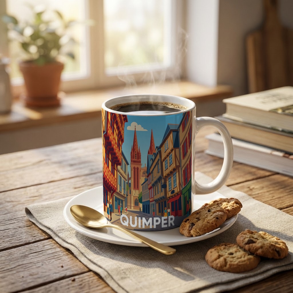 Mug souvenir de la ville de Quimper avec une illustration stylisée de son architecture historique.