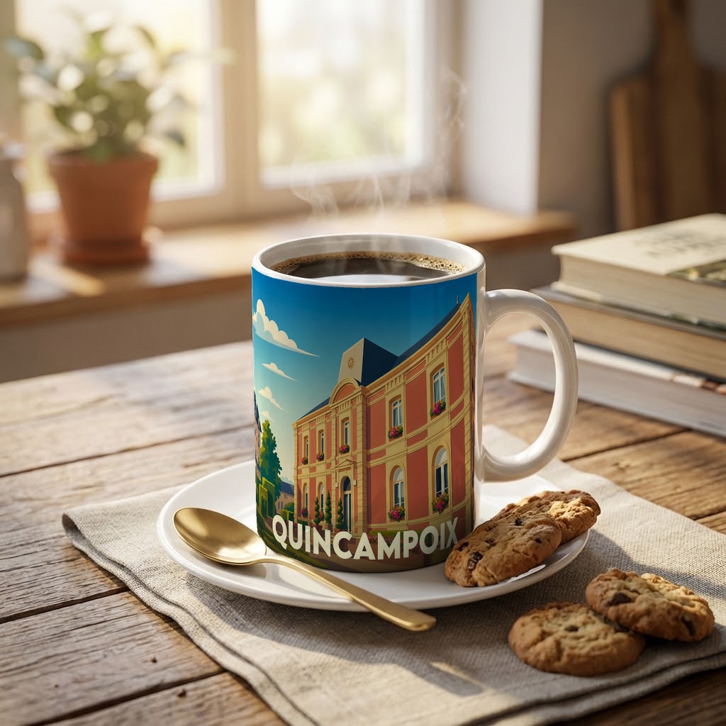 Mug souvenir de la ville de Quincampoix avec une illustration stylisée d'un bâtiment remarquable.