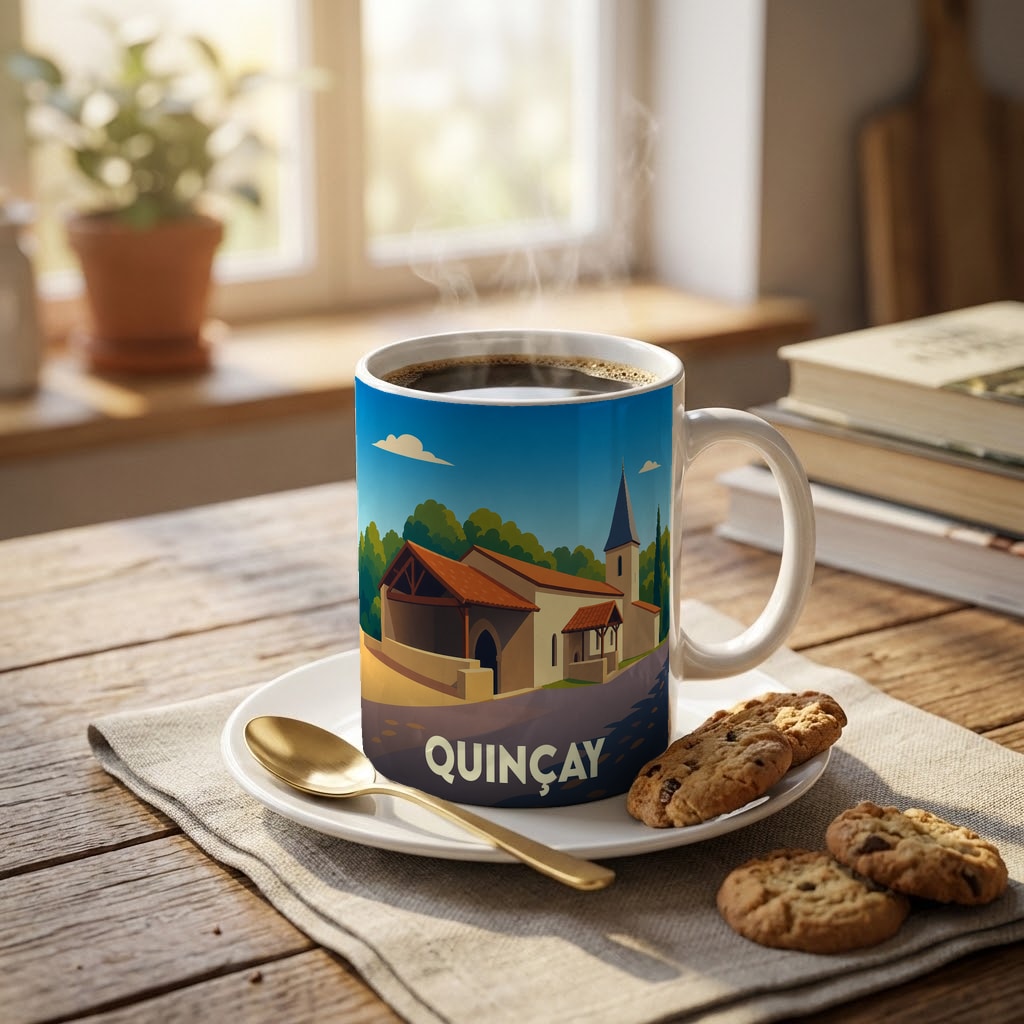 Mug souvenir de la ville de Quinçay avec une illustration stylisée de son église.