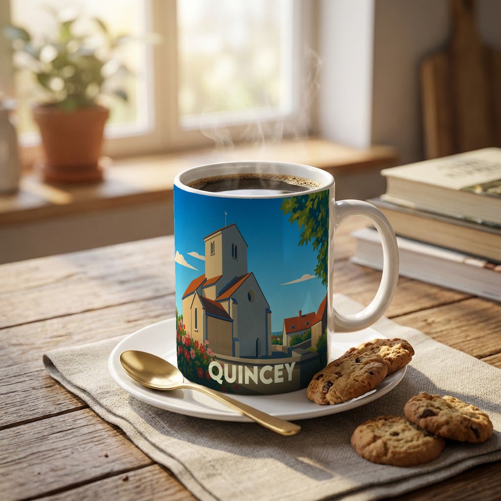 Mug souvenir de la ville de Quincey avec une illustration stylisée d'une église sous un ciel bleu.