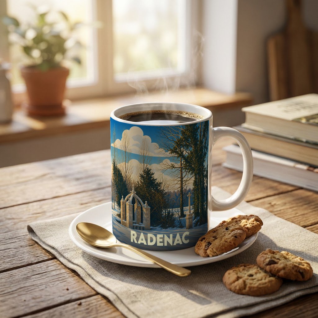 Mug souvenir de la ville de Radenac orné d'une illustration stylisée de son patrimoine architectural et naturel.
