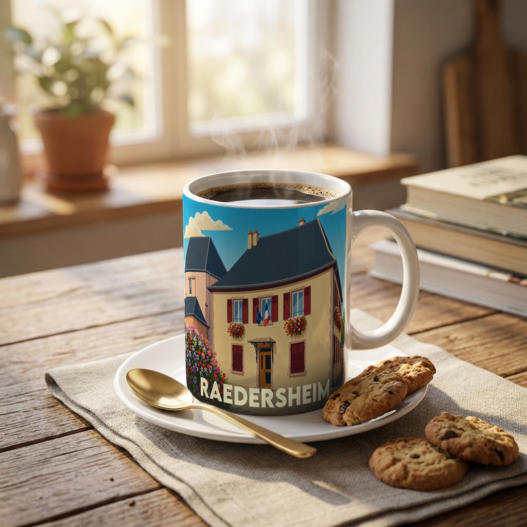 Mug souvenir de la ville de Raedersheim avec une illustration stylisée d'une maison alsacienne.
