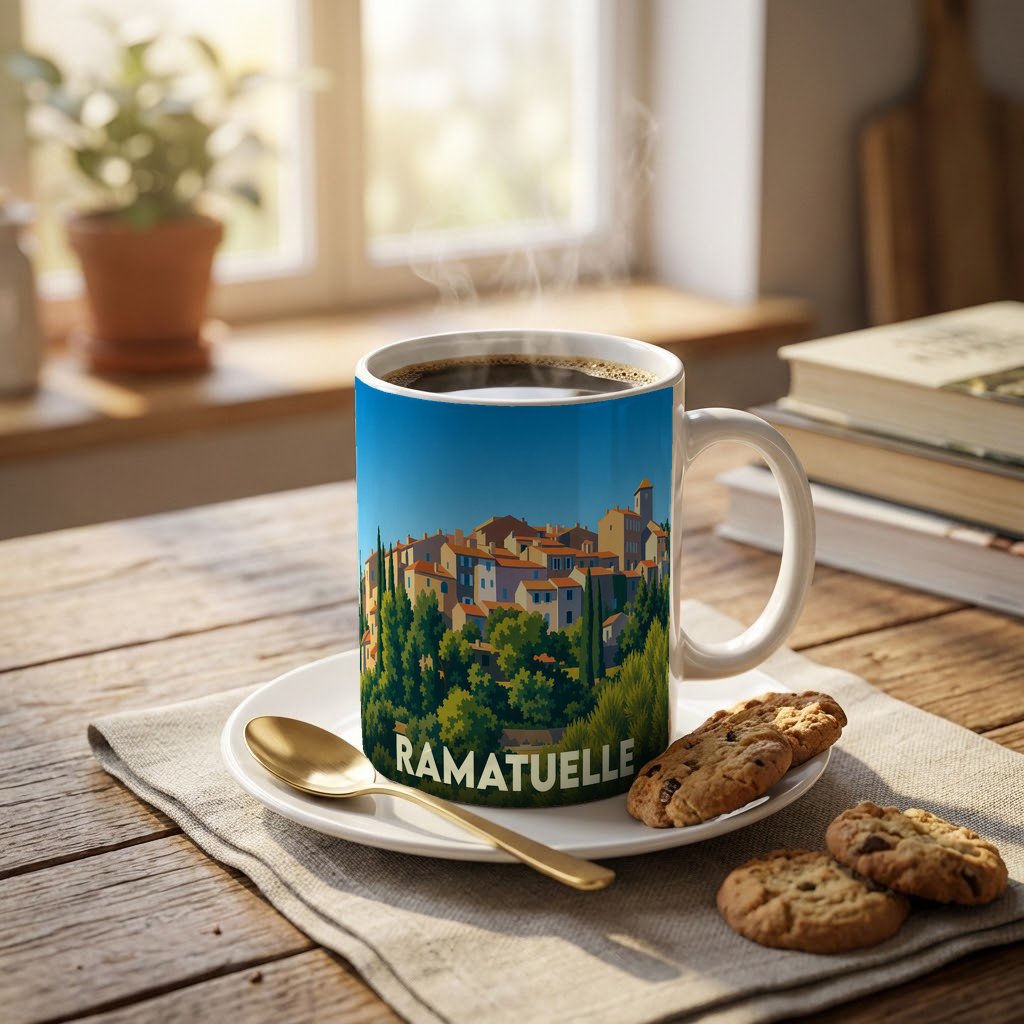 Mug souvenir de la ville de Ramatuelle orné d'une illustration colorée et stylisée du village.