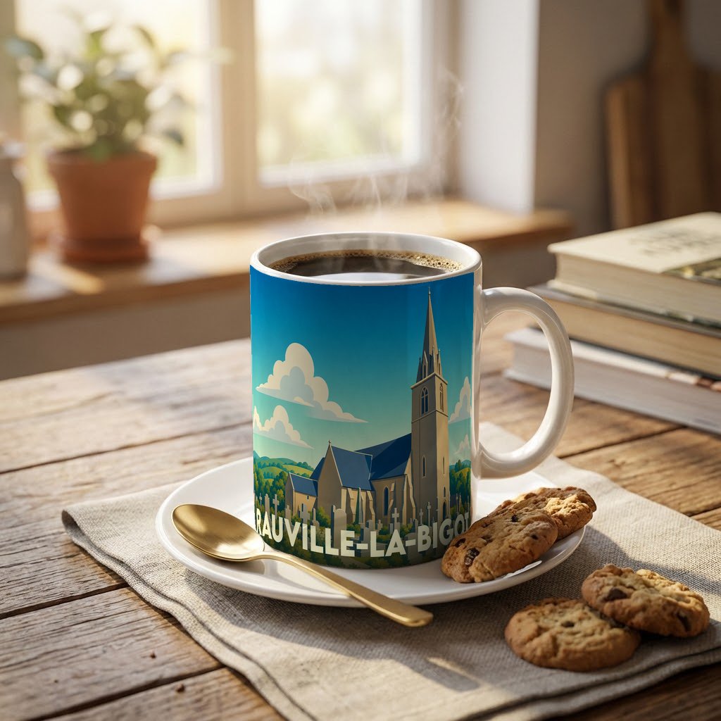 Mug souvenir de la ville de Rauville-la-Bigot orné d'une illustration stylisée de son église.