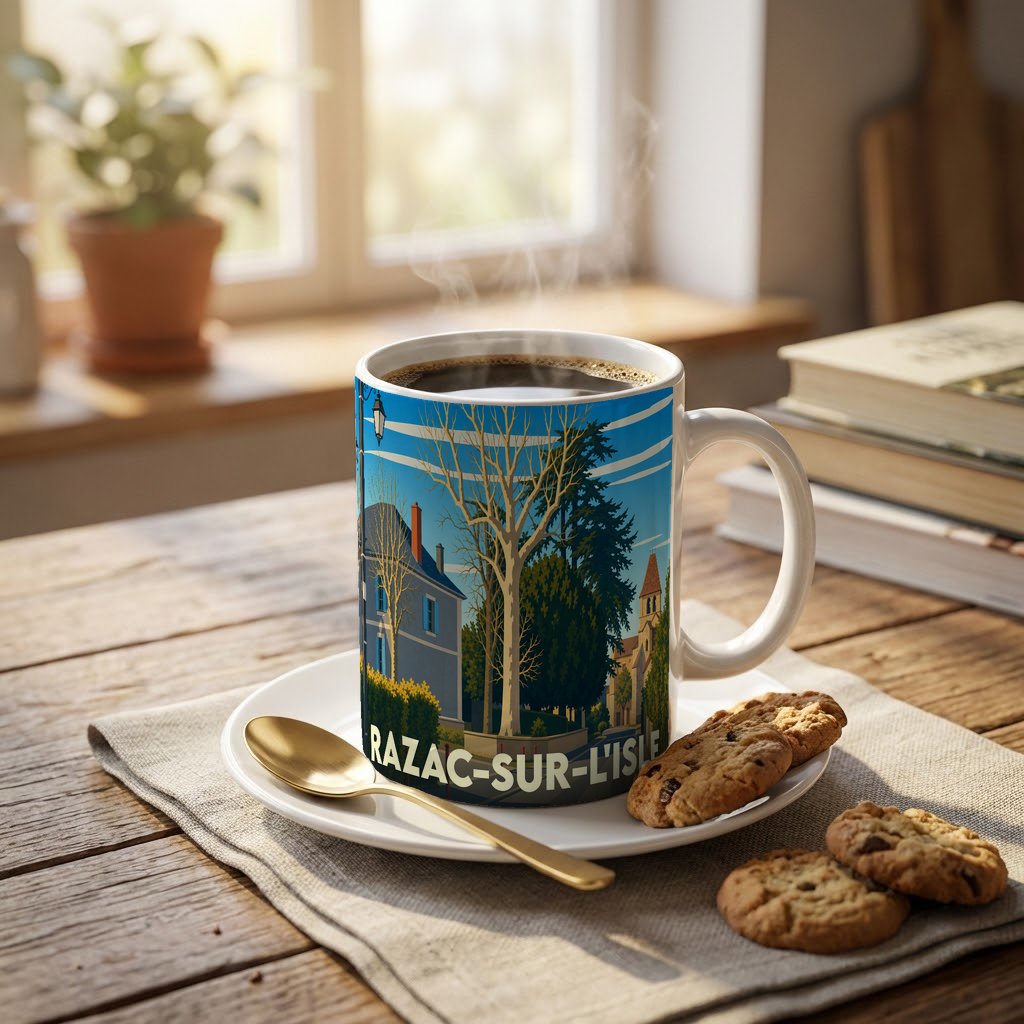 Mug souvenir de la ville de Razac-sur-l'Isle avec une illustration stylisée d'un paysage urbain.