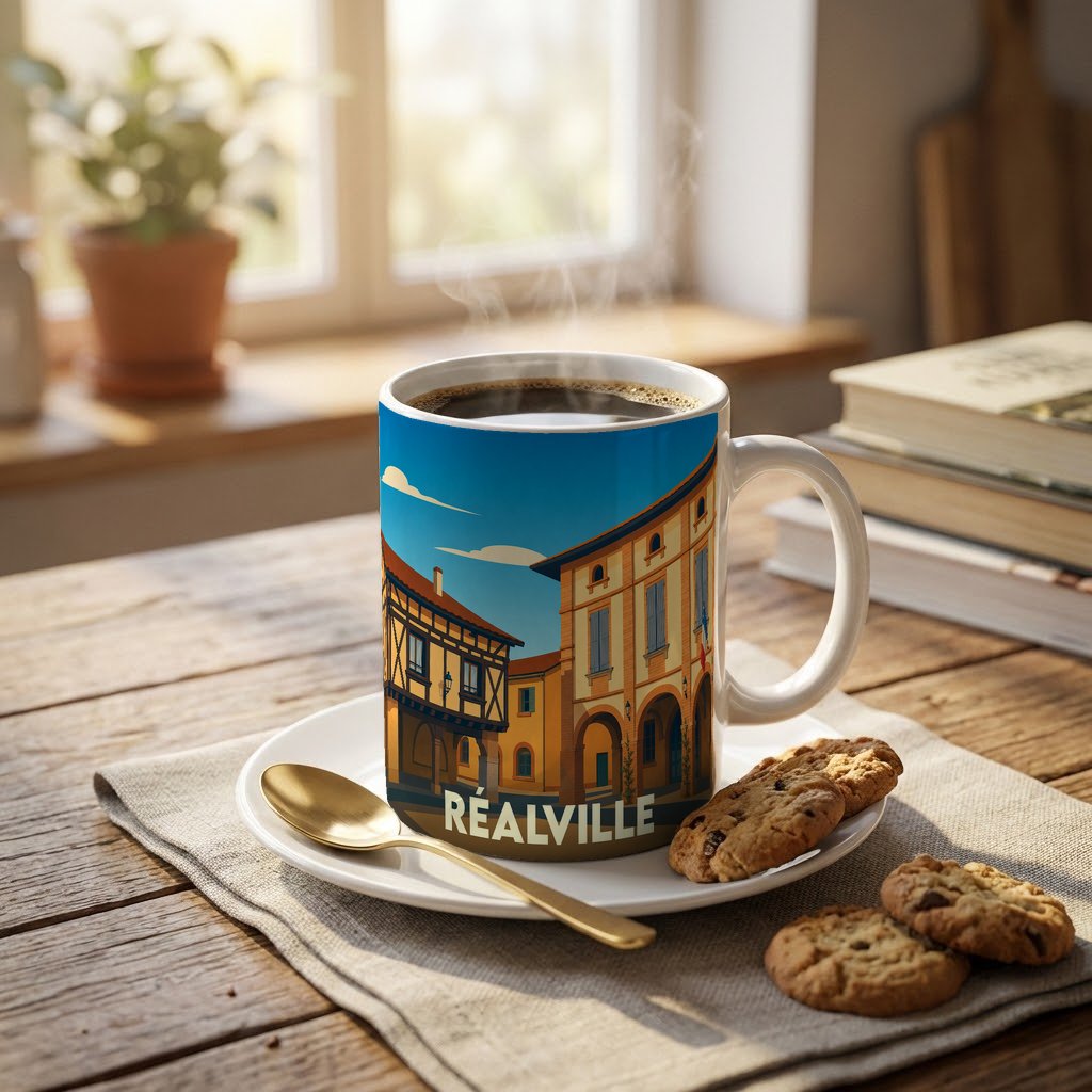 Mug souvenir de la ville de Réalville orné d'une illustration stylisée de son architecture traditionnelle.
