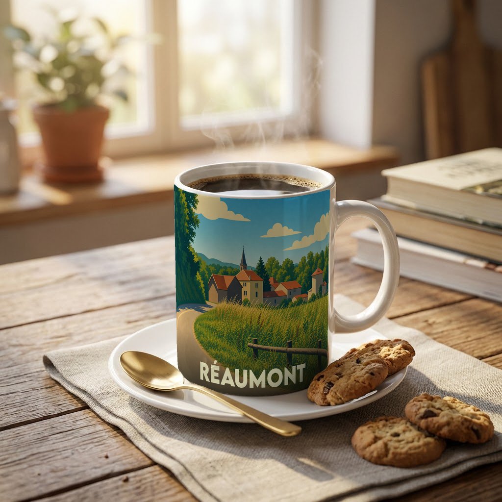 Mug souvenir de la ville de Réaumont avec une illustration stylisée de paysages et de bâtiments typiques.