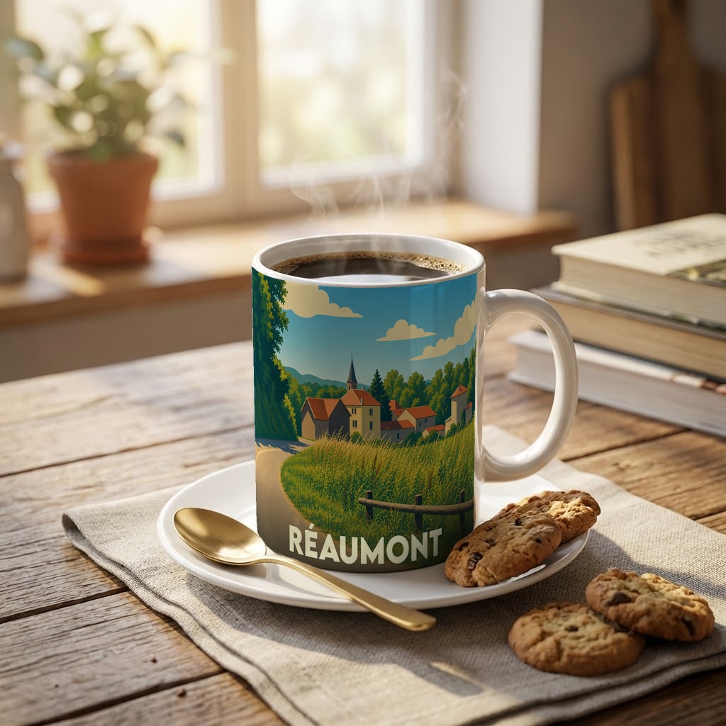 Mug souvenir de la ville de Réaumont avec une illustration stylisée de paysages et de bâtiments typiques.