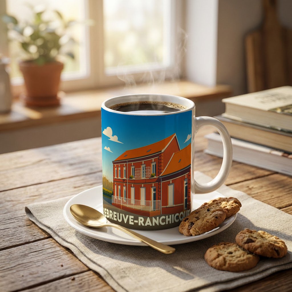 Mug souvenir de la ville de Rebreuve-Ranchicourt avec une illustration stylisée d'un bâtiment en briques rouges.