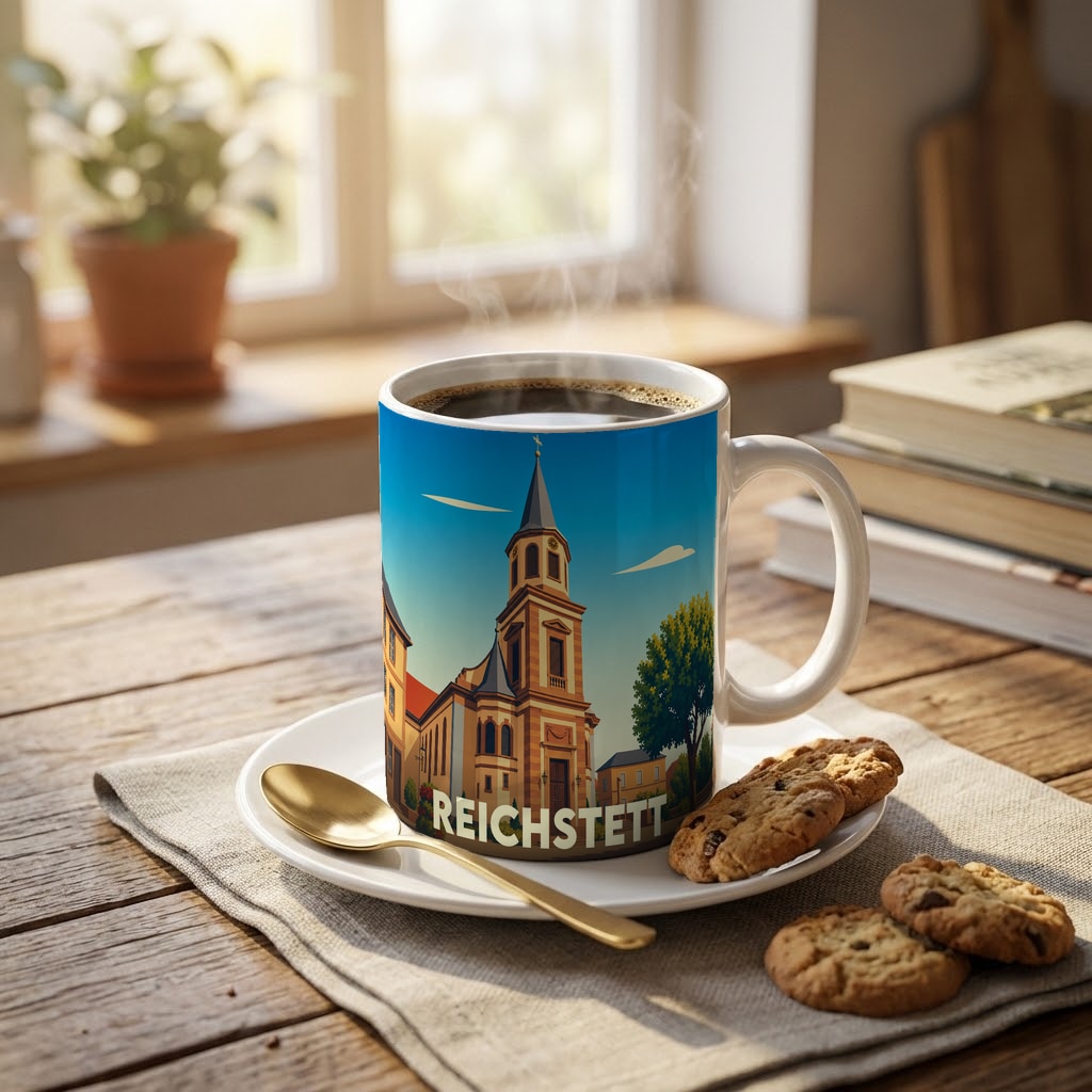 Mug souvenir de la ville de Reichstett orné d'une illustration stylisée de son église.