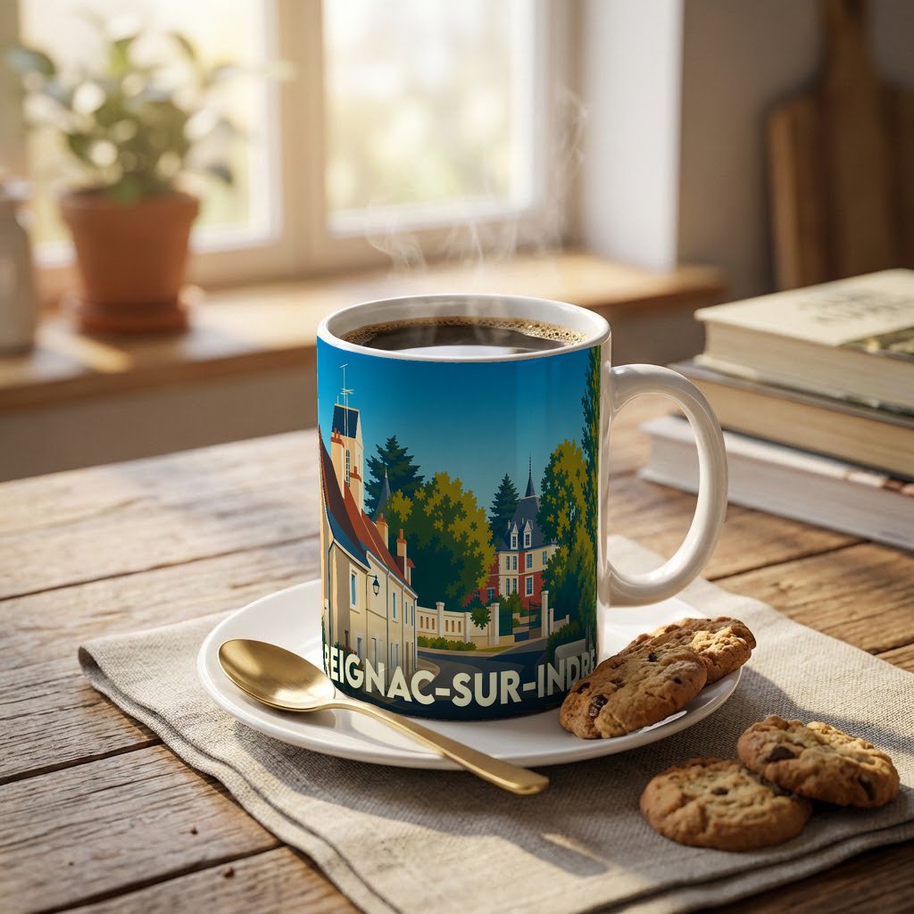 Mug souvenir de la ville de Reignac-sur-Indre orné d'une illustration stylisée de ses paysages et architectures.