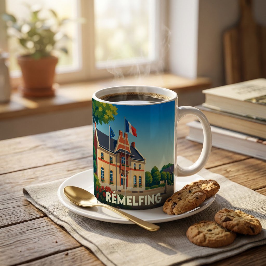 Mug souvenir de la ville de Rémelfing orné d'une illustration stylisée de sa mairie et de drapeaux.