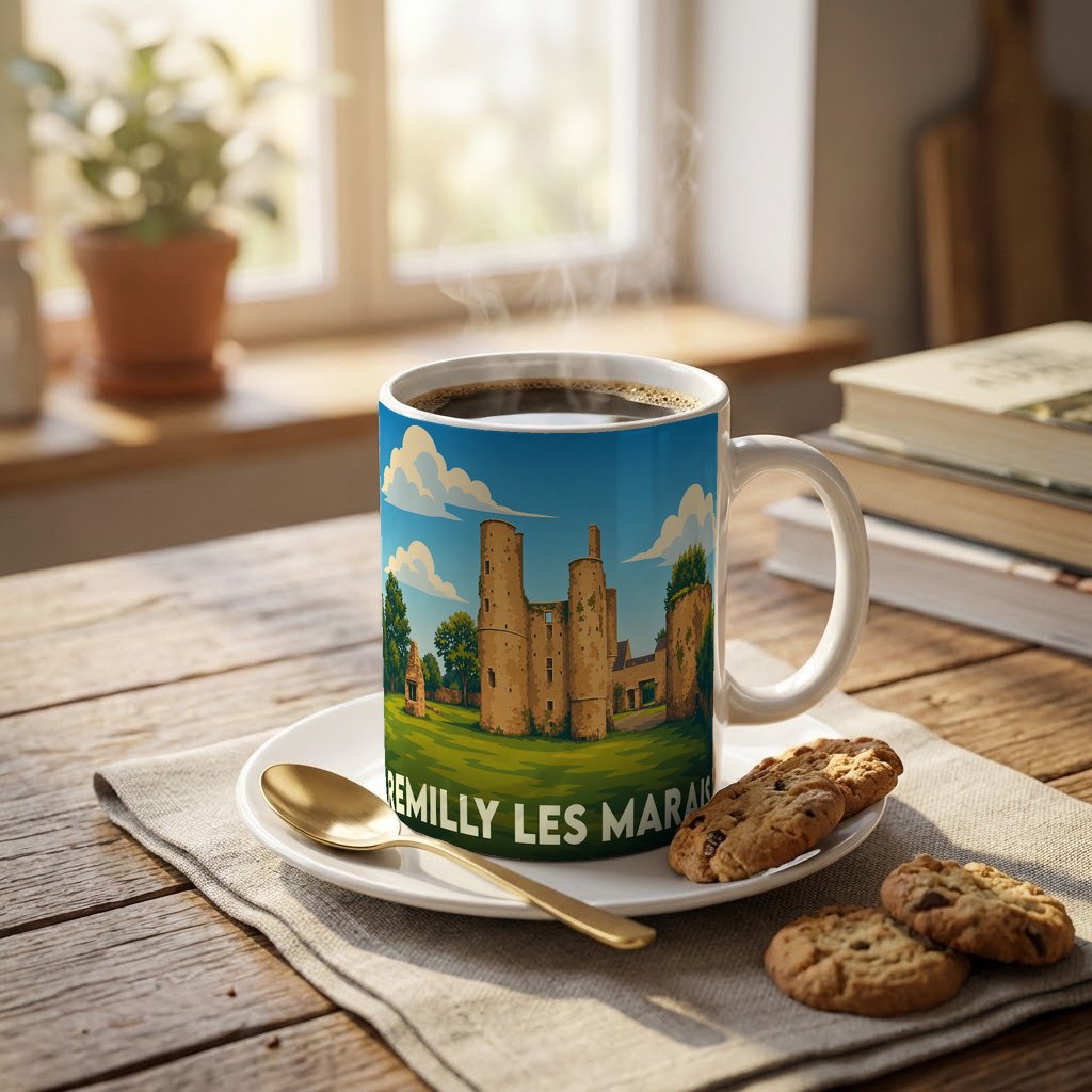 Mug souvenir de la ville de Remilly Les Marais avec une illustration stylisée d'un château médiéval.