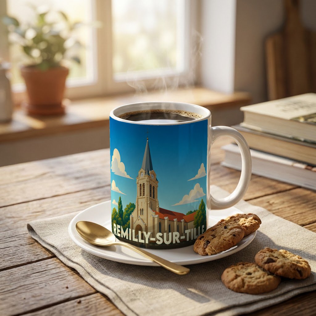 Mug souvenir de la ville de Remilly-sur-Tille avec une illustration stylisée de son église sous un ciel bleu.