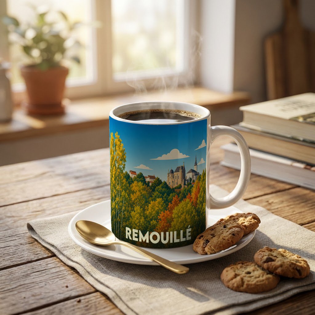 Mug souvenir de la ville de Remouillé orné d'une illustration paysagère stylisée.