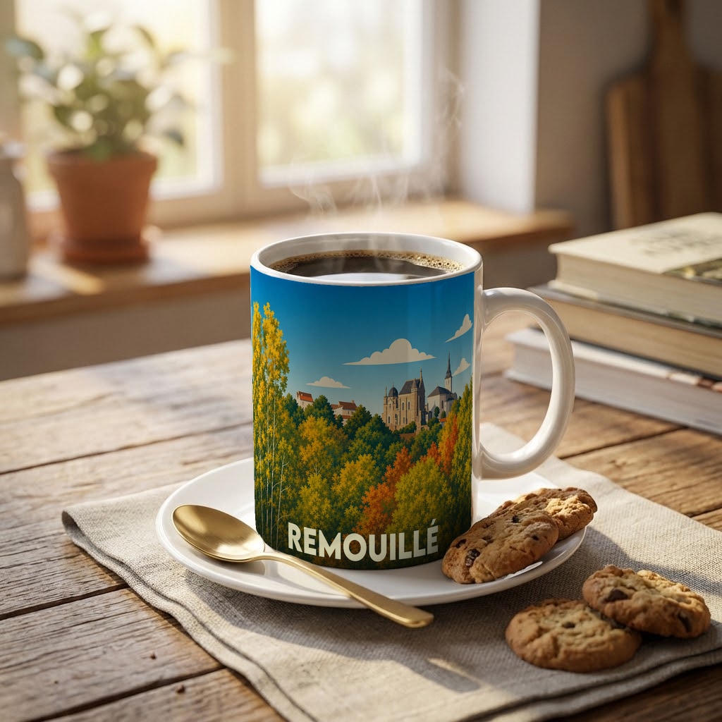 Mug souvenir de la ville de Remouillé orné d'une illustration paysagère stylisée.