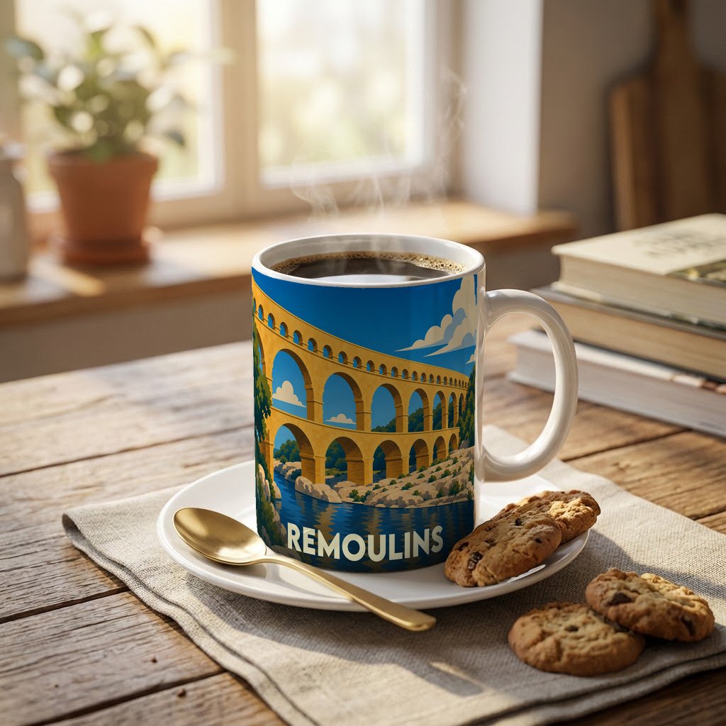 Mug souvenir de la ville de Remoulins illustré par une vue stylisée du Pont du Gard.