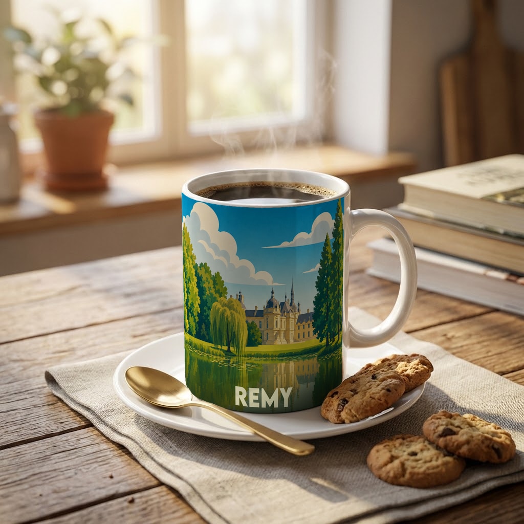 Mug souvenir de la ville de Remy avec une illustration stylisée représentant un château et son parc.