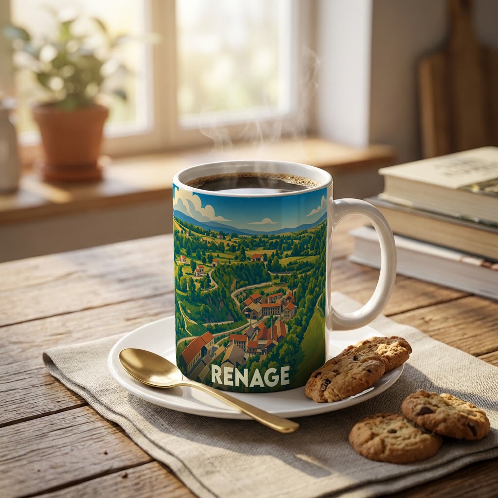 Mug souvenir de la ville de Renage illustré d'un paysage de campagne vallonné.