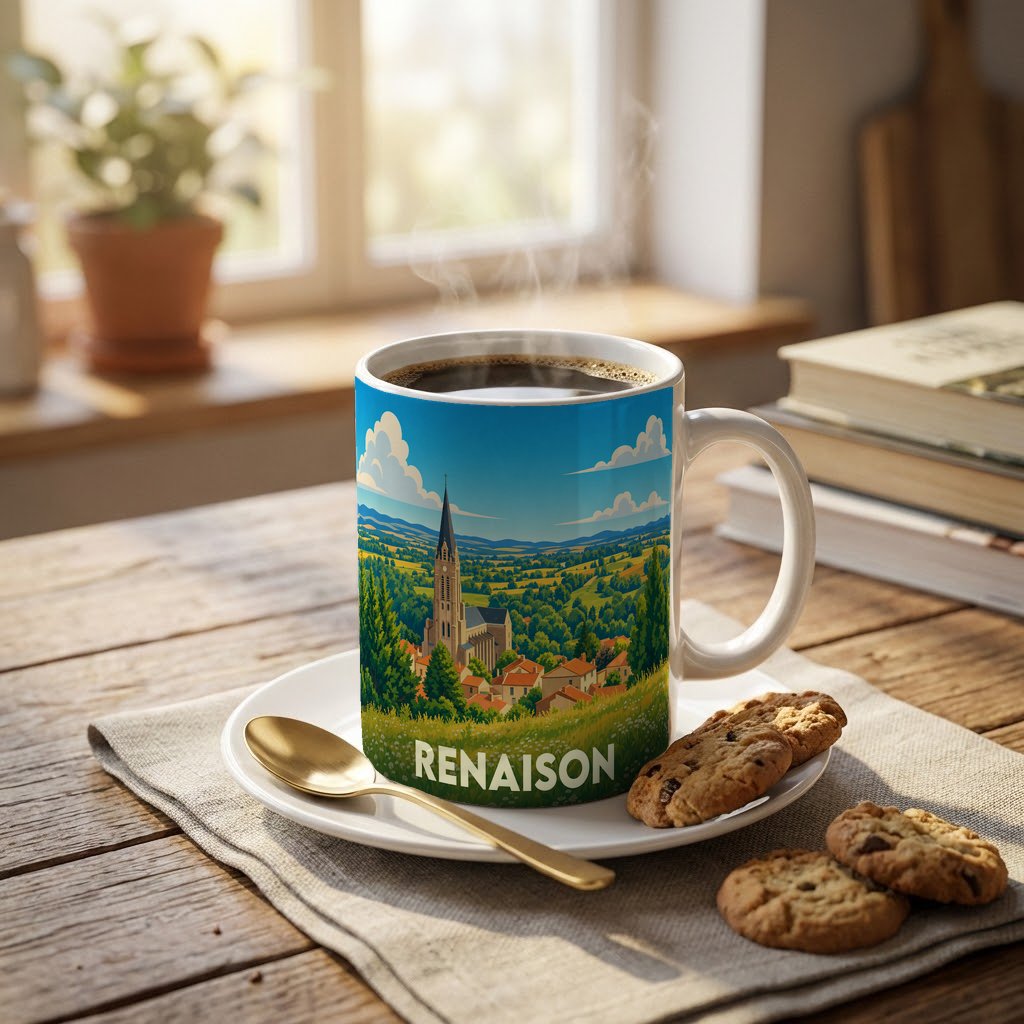 Mug souvenir de la ville de Renaison avec une illustration stylisée d'un paysage de campagne et d'un clocher.