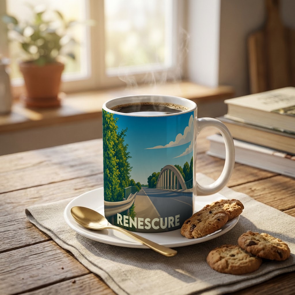 Mug souvenir de la ville de Renescure orné d'une illustration stylisée représentant un pont sous un ciel bleu.