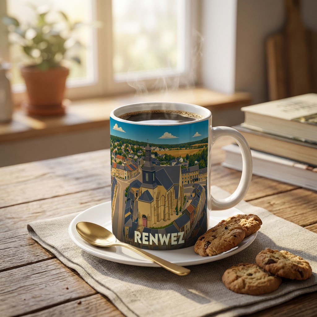 Mug souvenir de la ville de Renwez orné d'une illustration stylisée de son église et de ses paysages.