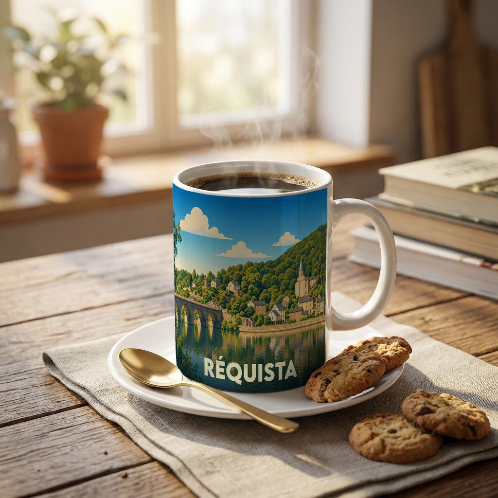 Mug souvenir de la ville de Réquista illustré d'un paysage pittoresque au bord de l'eau.