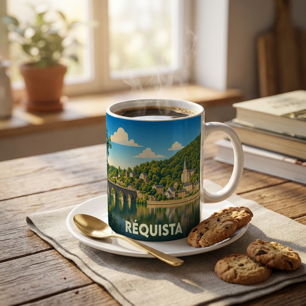 Mug souvenir de la ville de Réquista illustré d'un paysage pittoresque au bord de l'eau.