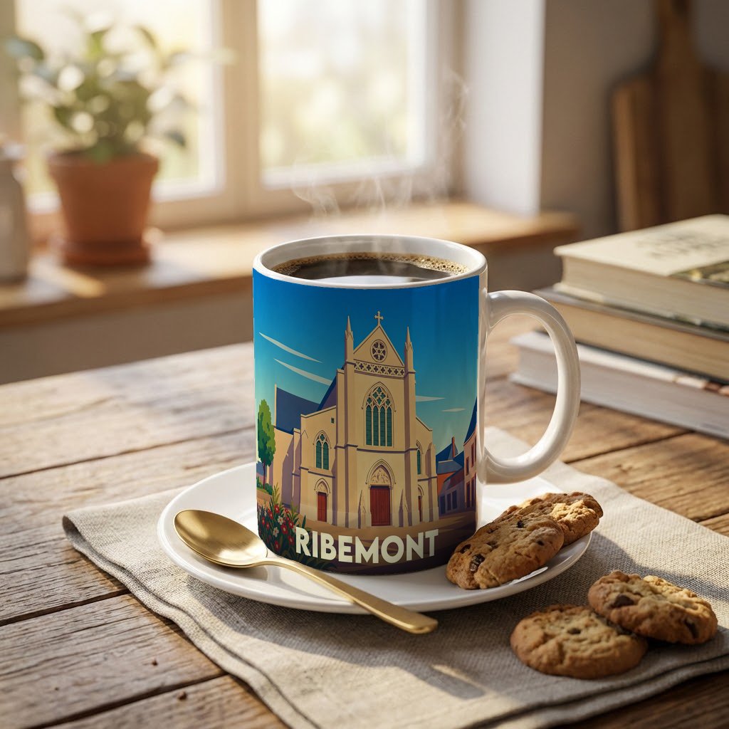 Mug souvenir de la ville de Ribemont avec une illustration stylisée de son église.