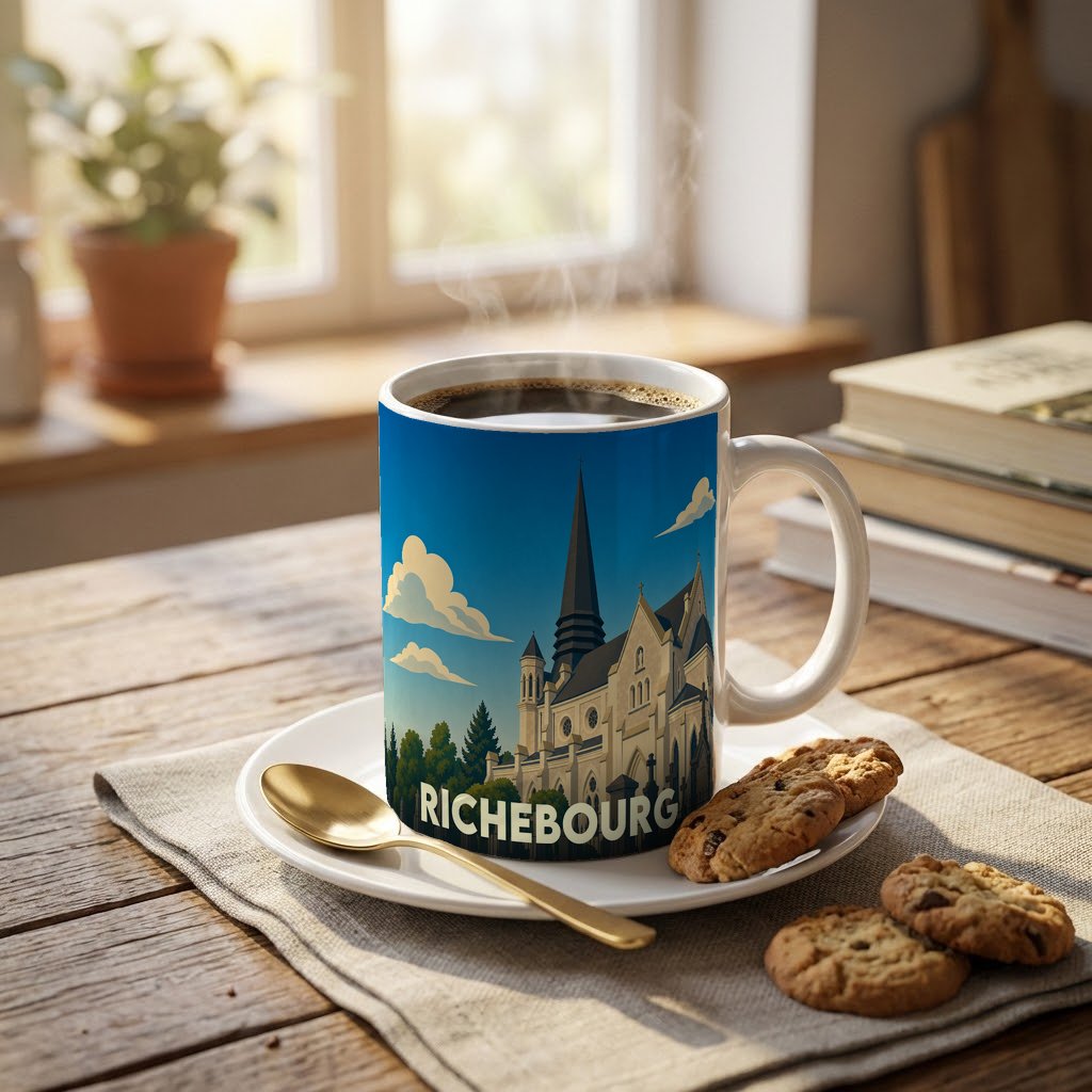 Mug souvenir de la ville de Richebourg orné d'une illustration stylisée de son église.