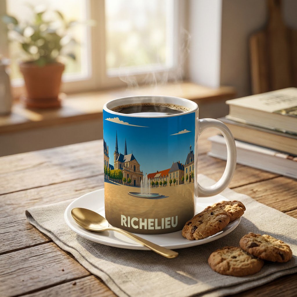 Mug souvenir de la ville de Richelieu avec une illustration stylisée d'une place historique.