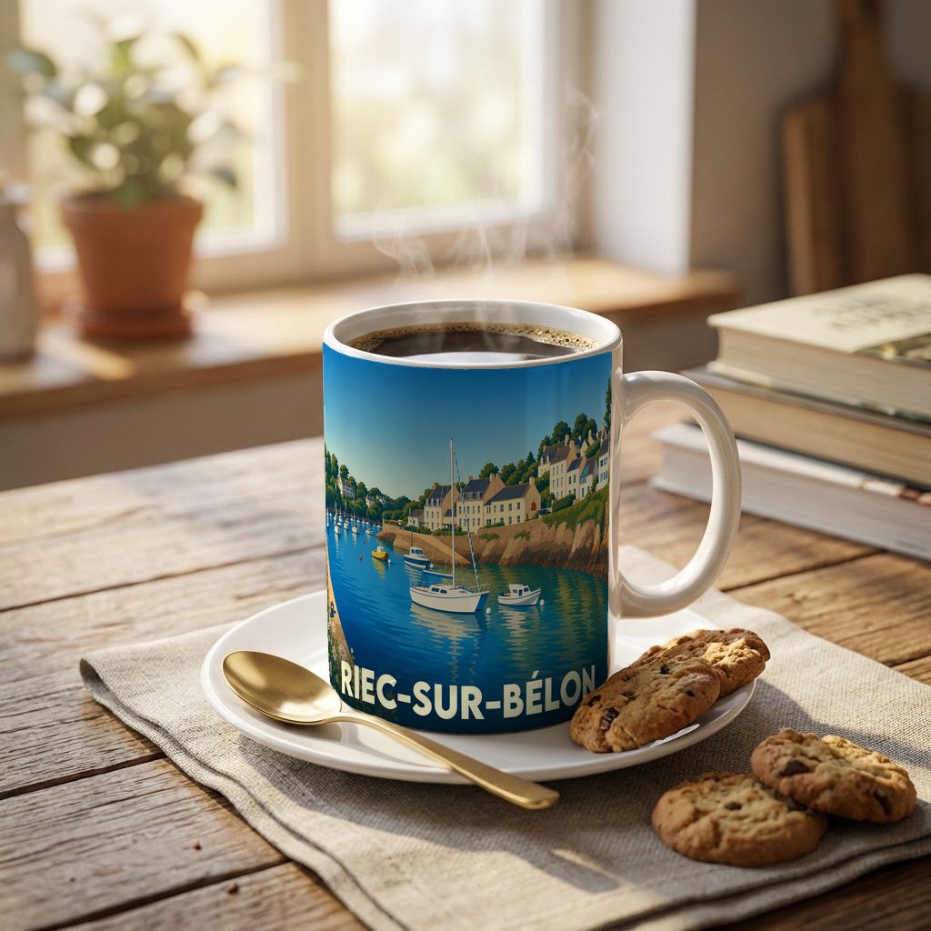 Mug souvenir de la ville de Riec-sur-Bélon illustré d'une scène maritime de port breton.
