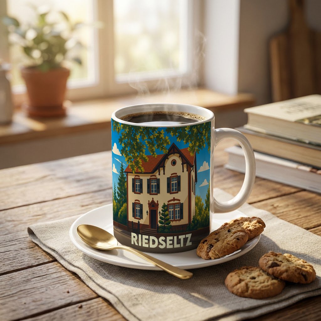 Mug souvenir de la ville de Riedseltz orné d'une illustration stylisée d'une maison traditionnelle.