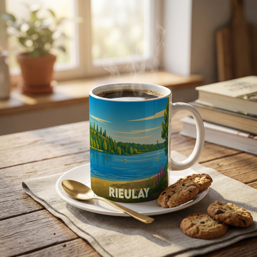 Mug souvenir de la ville de Rieulay orné d'une illustration stylisée de son lac.
