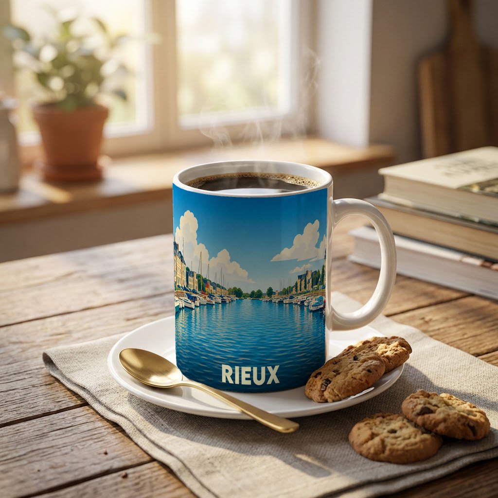 Mug souvenir de la ville de Rieux avec une illustration stylisée d'un port de plaisance.