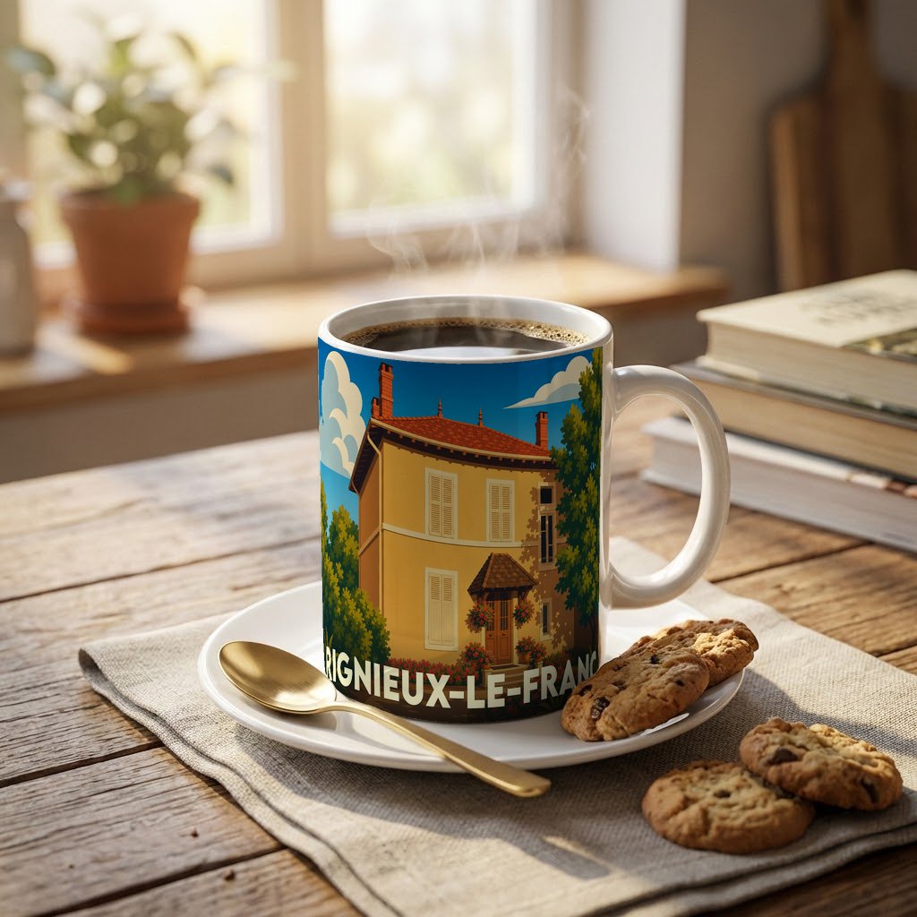 Mug souvenir de la ville de Rignieux-le-Franc avec une illustration colorée de maison traditionnelle.