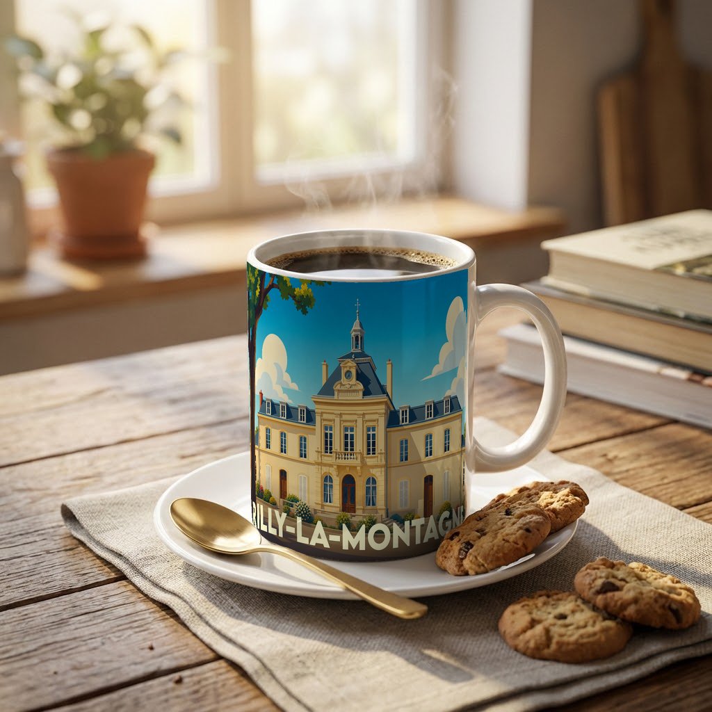 Mug souvenir de la ville de Rilly-la-Montagne avec une illustration stylisée de son hôtel de ville.