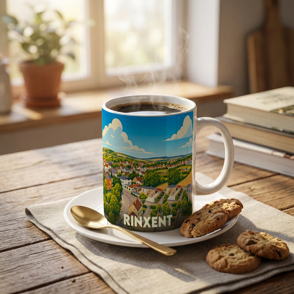 Mug souvenir de la ville de Rinxent avec une illustration panoramique stylisée.
