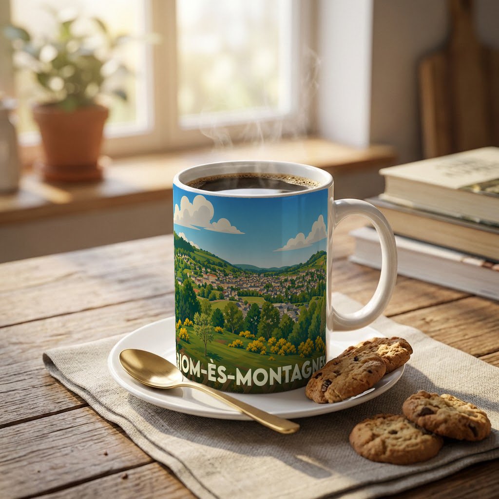 Mug souvenir de la ville de Riom-ès-Montagnes avec une illustration paysagère stylisée.